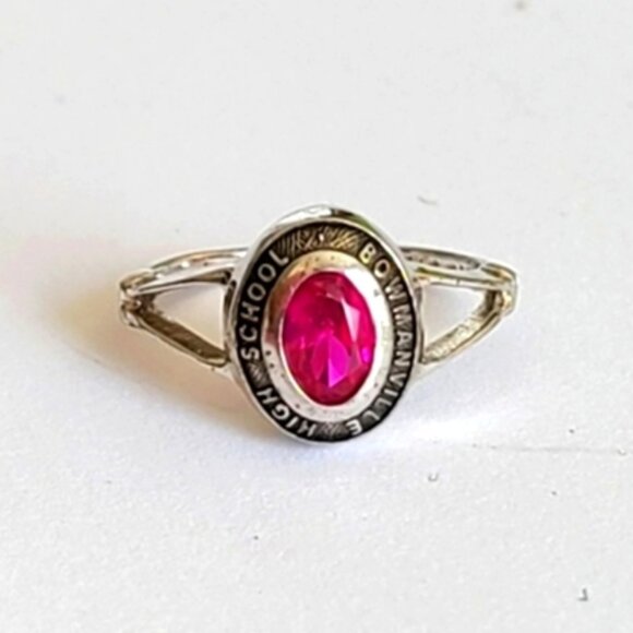 Vintage 90s Sterling Silver Ruby Academia School Class Signet Pinky Ring 3 - Picture 1 of 5